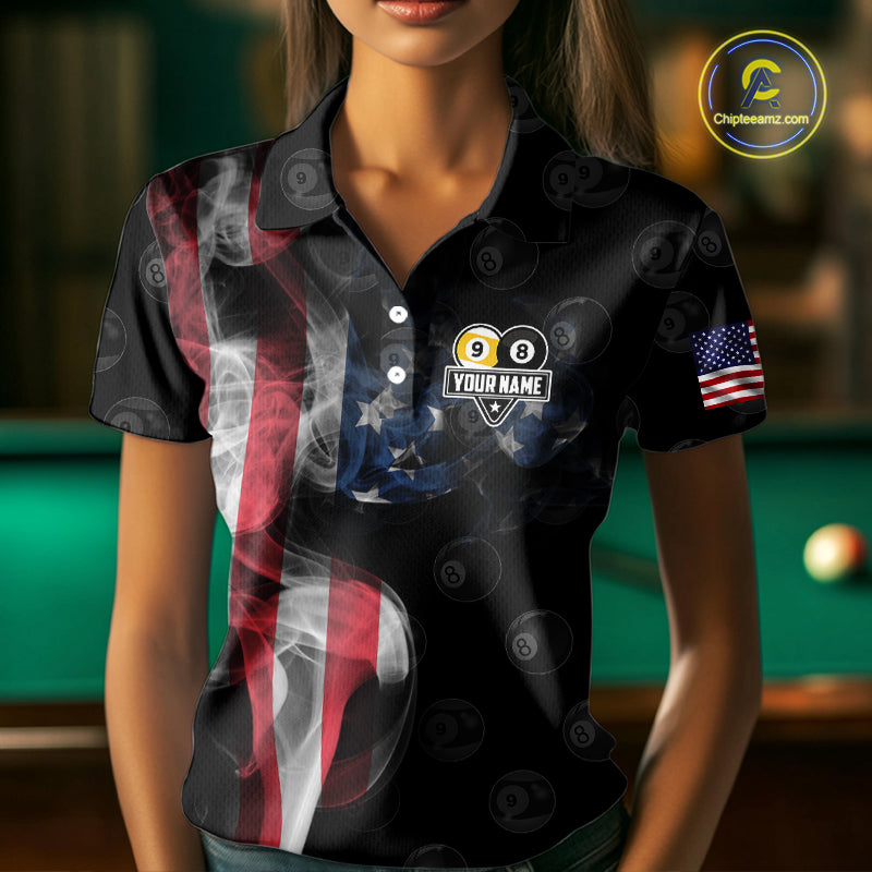 Customized Vintage Smoke US Flag Ball Billiard Shirt For Women, 8 Ball & 9 Ball Patriotic Pool Jersey TDM4467