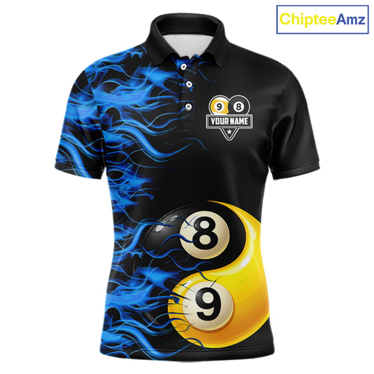 Blue Flaming 8 & 9 Ball Yin-Yang Billiard Shirt For Men Custom Pool Team Jersey Polo & 1/4 Zip TDM5984