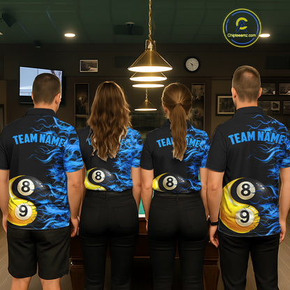 Blue Flaming 8 & 9 Ball Yin-Yang Billiard Shirt For Women Custom Pool Team Jersey Polo & 1/4 Zip TDM5984