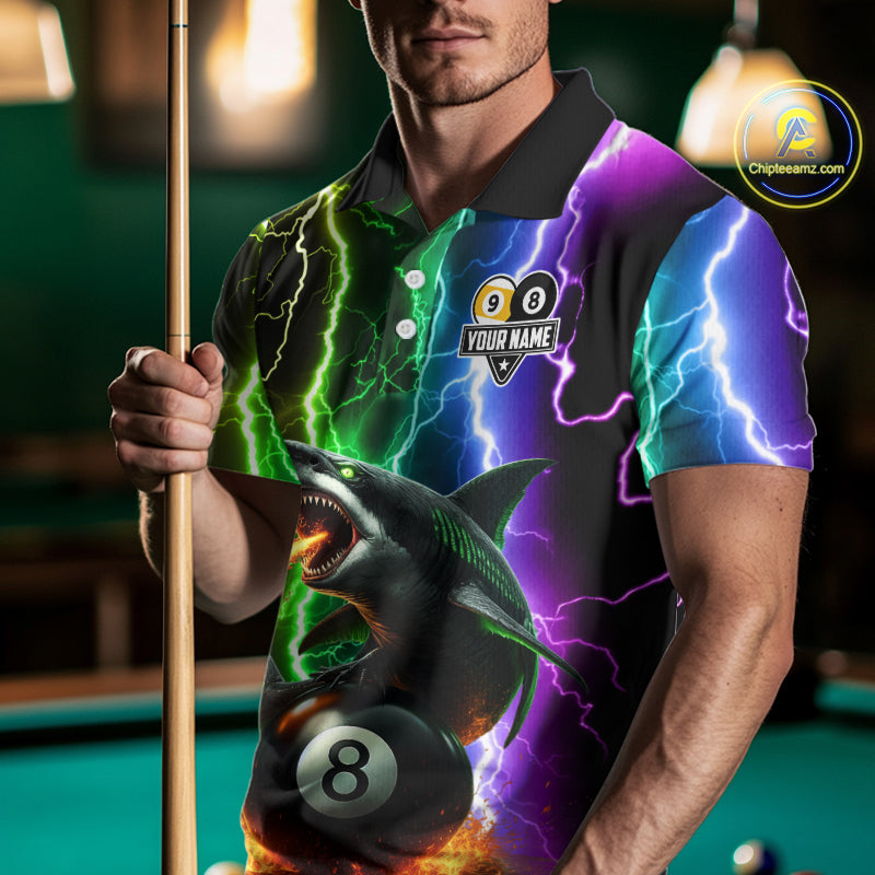 Colorful Lightning Shark 8 & 9 Ball Billiard Shirt For Men Custom Pool Team Jersey Polo & 1/4 Zip TDM5985