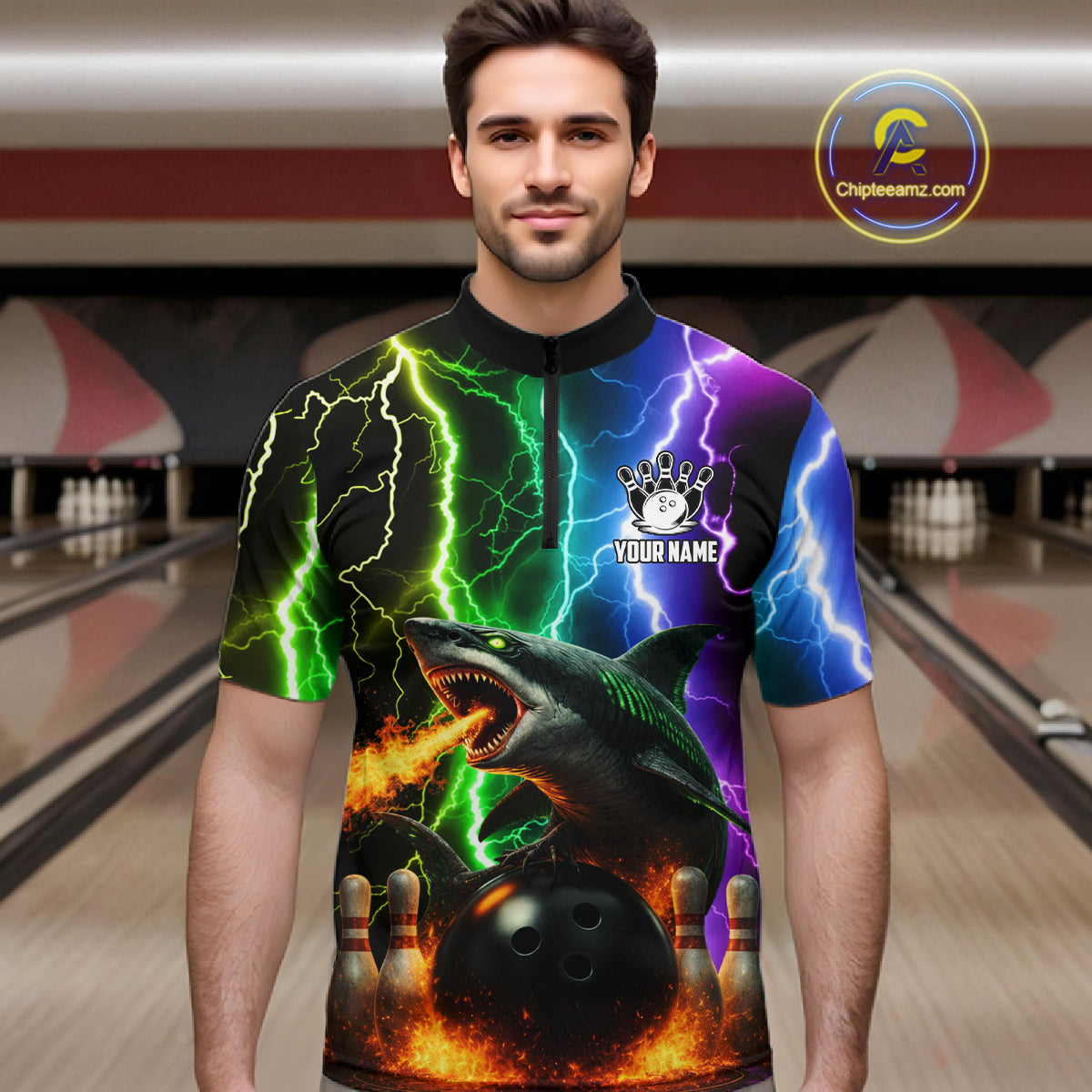 Colorful Lightning Shark Bowling Jersey For Men Custom Bowling Shirt Team Polo & Quarter Zip TDM5988