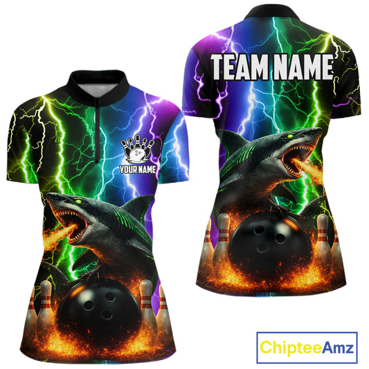 Colorful Lightning Shark Bowling Jersey For Women Custom Bowling Shirt Team Polo & Quarter Zip TDM5988