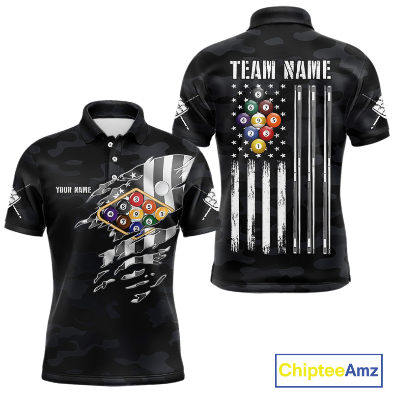 Personalized Camouflage US Flag Billiard Shirt For Men, 9 Ball Pool Team Jersey Polo & 1/4 Zip TDM5992