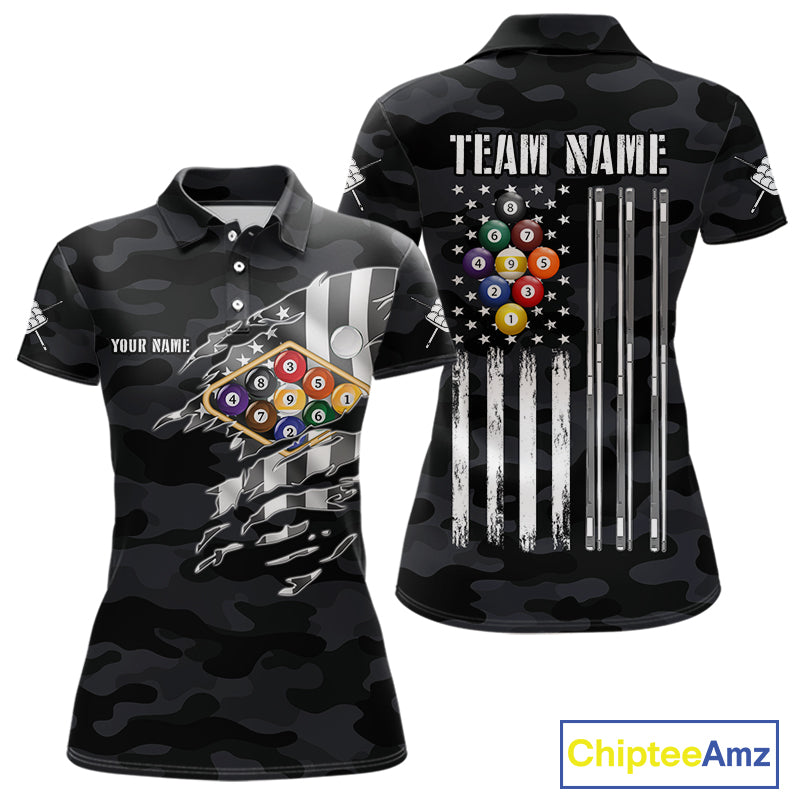 Personalized Camouflage US Flag Billiard Shirt For Women, 9 Ball Pool Team Jersey Polo & 1/4 Zip TDM5992