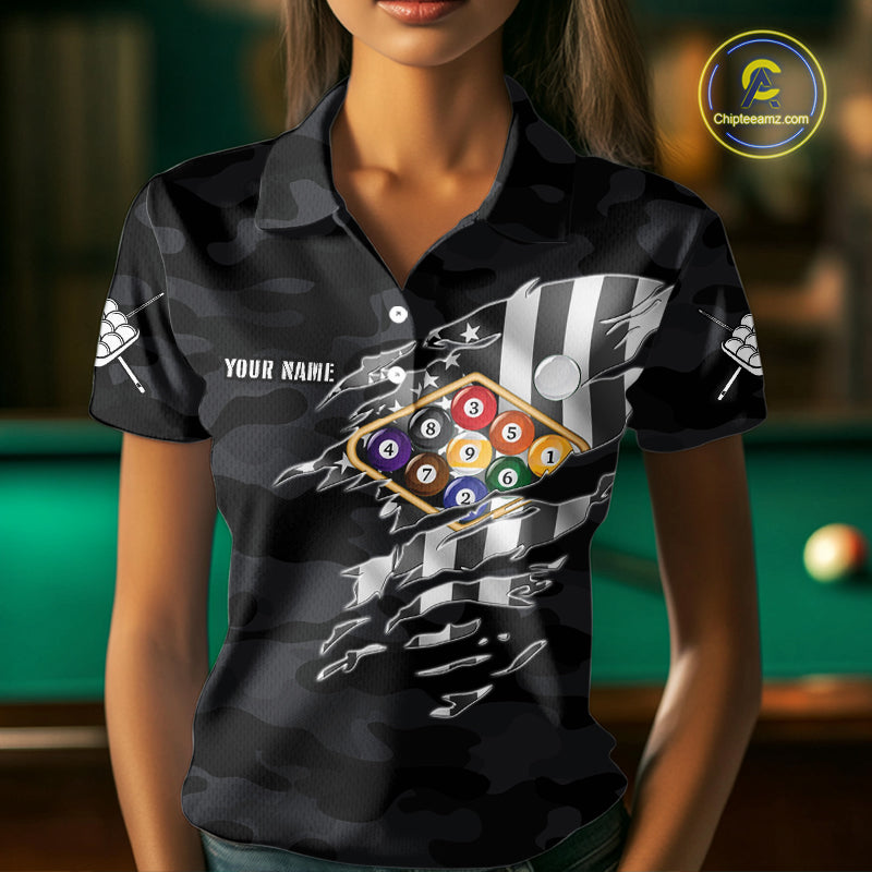 Personalized Camouflage US Flag Billiard Shirt For Women, 9 Ball Pool Team Jersey Polo & 1/4 Zip TDM5992