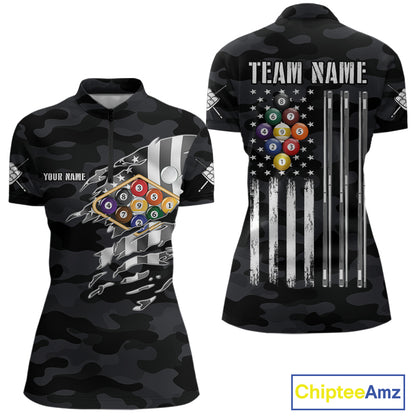 Personalized Camouflage US Flag Billiard Shirt For Women, 9 Ball Pool Team Jersey Polo & 1/4 Zip TDM5992