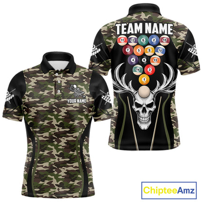 Personalized Green Camo Skull Billiard Shirt For Men, 8 Ball Billiard Team Jersey Polo & 1/4 Zip TDM5993