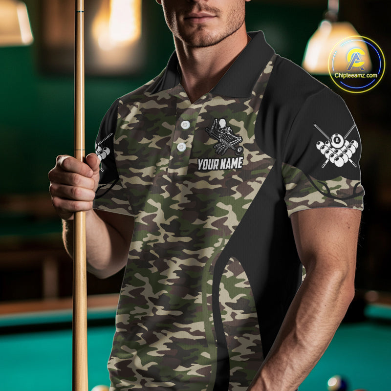 Personalized Green Camo Skull Billiard Shirt For Men, 8 Ball Billiard Team Jersey Polo & 1/4 Zip TDM5993
