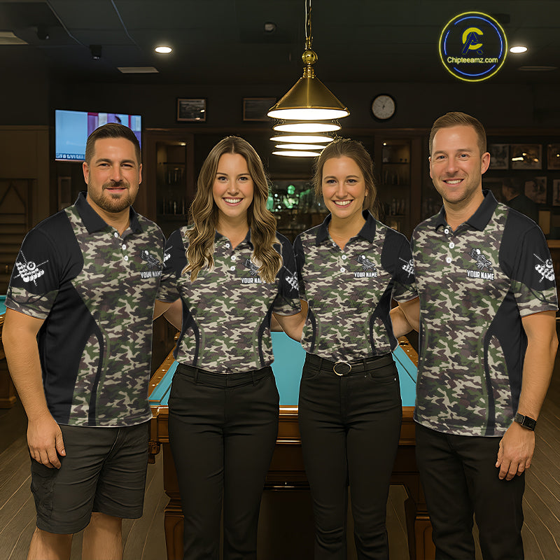 Personalized Green Camo Skull Billiard Shirt For Women, 8 Ball Billiard Team Jersey Polo & 1/4 Zip TDM5993