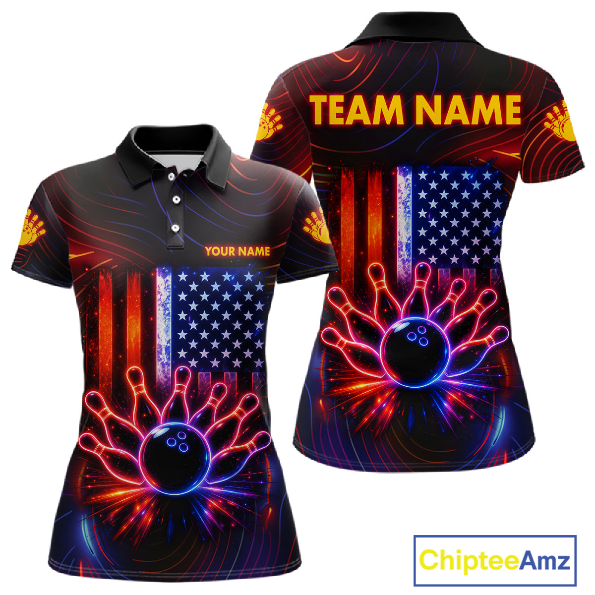 Custom Neon American Flag Bowling Shirt For Women, Patriotic Bowling Team Jersey Polo & 1/4 Zip TDM6221
