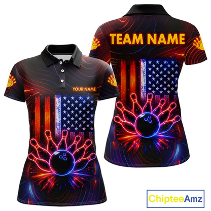 Custom Neon American Flag Bowling Shirt For Women, Patriotic Bowling Team Jersey Polo & 1/4 Zip TDM6221