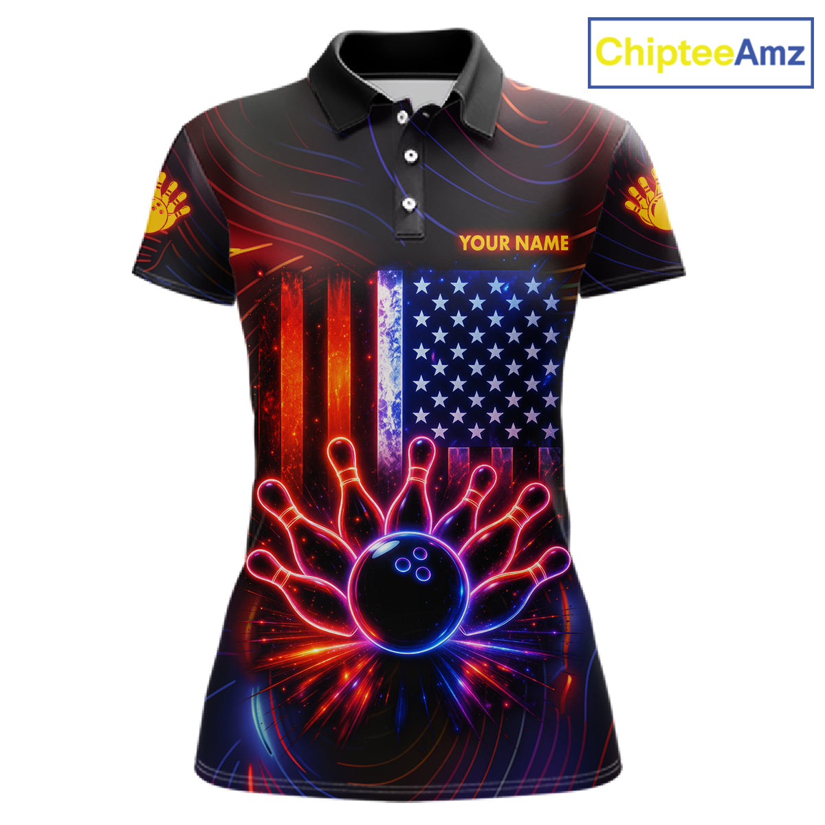 Custom Neon American Flag Bowling Shirt For Women, Patriotic Bowling Team Jersey Polo & 1/4 Zip TDM6221