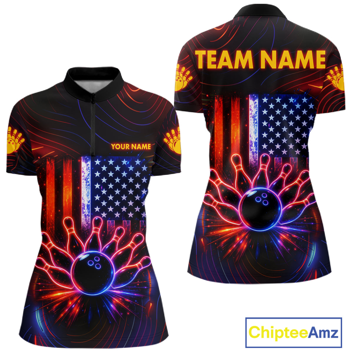 Custom Neon American Flag Bowling Shirt For Women, Patriotic Bowling Team Jersey Polo & 1/4 Zip TDM6221