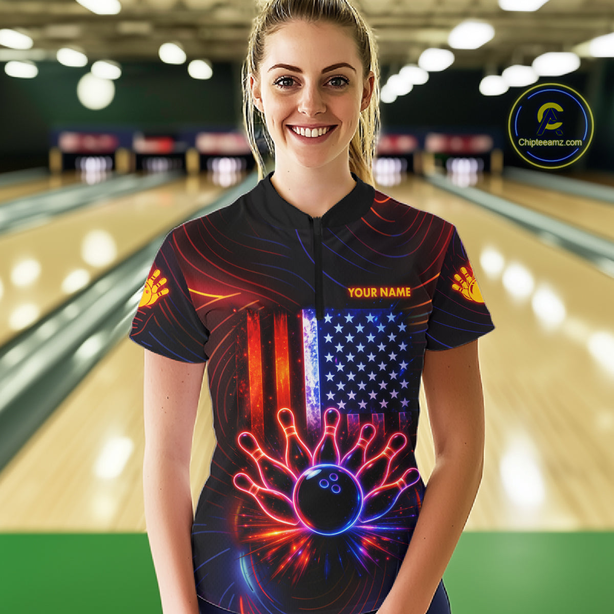 Custom Neon American Flag Bowling Shirt For Women, Patriotic Bowling Team Jersey Polo & 1/4 Zip TDM6221