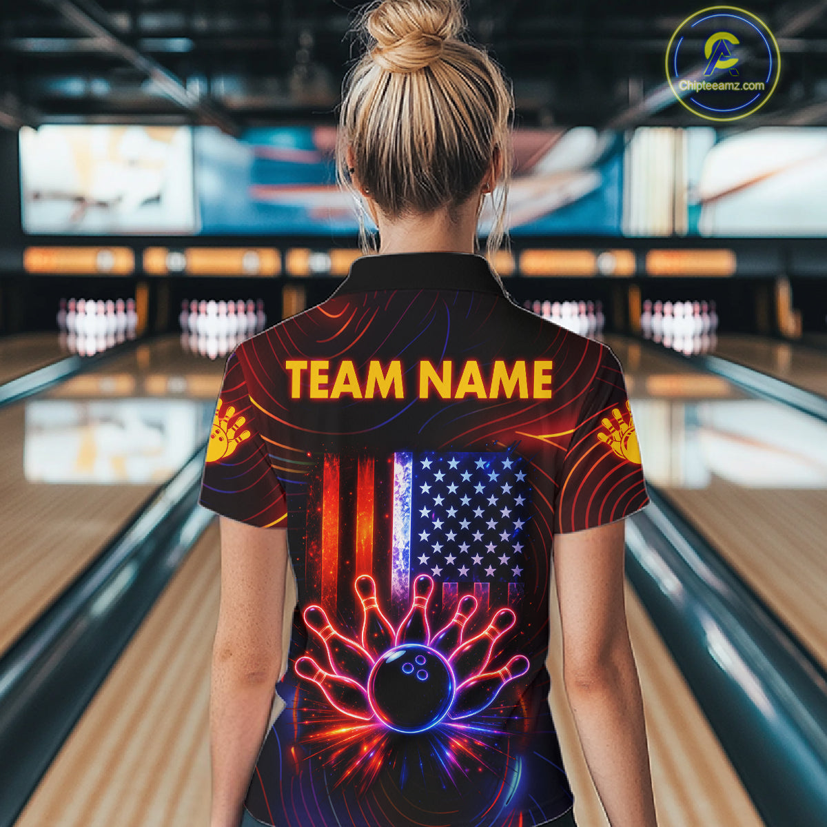 Custom Neon American Flag Bowling Shirt For Women, Patriotic Bowling Team Jersey Polo & 1/4 Zip TDM6221