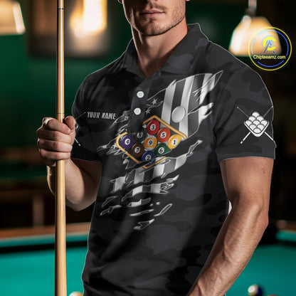 Personalized Camouflage US Flag Billiard Shirt For Men, Funny Patriotic 9 Ball Wings Pool Jersey TDM4479