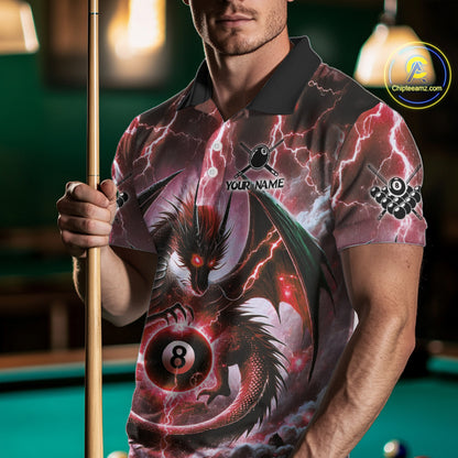 Personalized Thunder Lightning Dragon Billiard Shirt For Men, Red 8 Ball Pool Team Jersey TDM4481