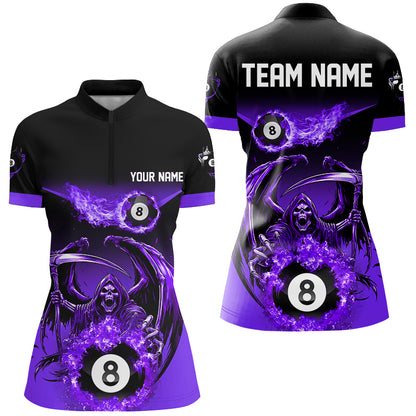 Purple Grim Reaper Flame 8 Ball Pool Billiard Shirts For Women Custom Billiard League Team Jerseys TDM2647
