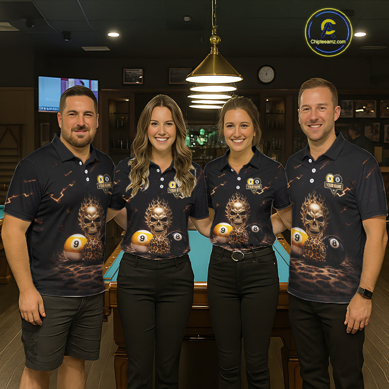 Black And Golden 8 Ball & 9 Ball Skull Billiard Shirt For Women Custom Leopard Pool Team Jersey TDM5997