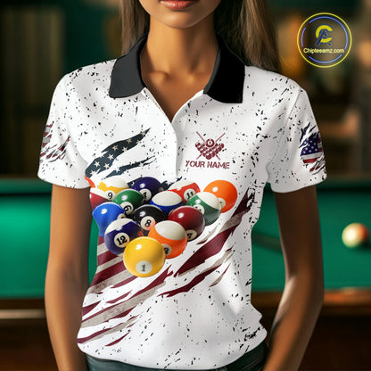 Patriotic American Flag Grunge Billiard Jersey For Women Custom Billiard Shirt Polo & 1/4 Zip |White TDM3819