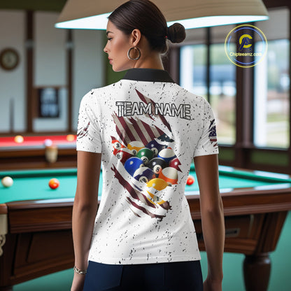 Patriotic American Flag Grunge Billiard Jersey For Women Custom Billiard Shirt Polo & 1/4 Zip |White TDM3819