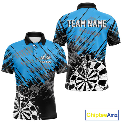 Blue Black Grunge Darts Shirts For Men Custom Dart Jersey With Pocket Option TDM4108