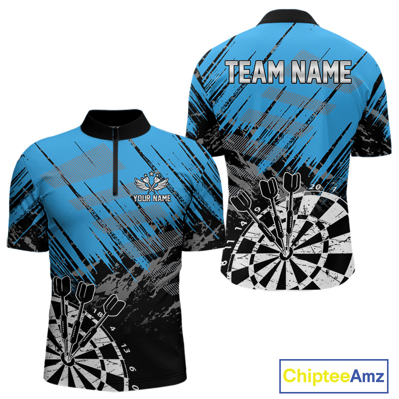 Blue Black Grunge Darts Shirts For Men Custom Dart Jersey With Pocket Option TDM4108