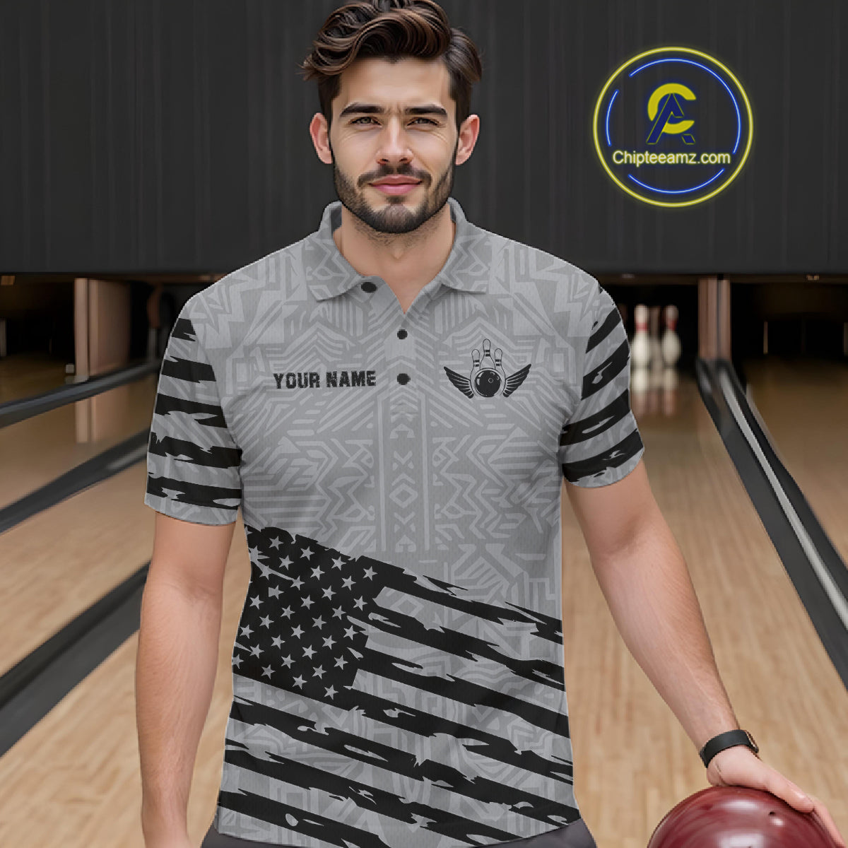 Man wearing a grey American flag bowling polo shirt during league play front view.