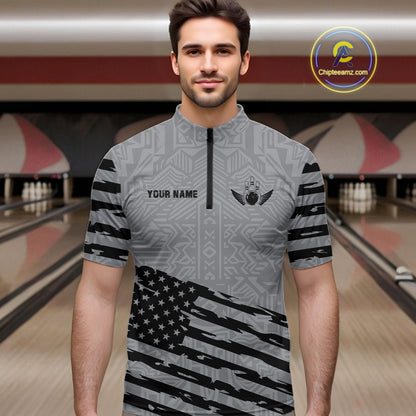 Man wearing a grey American flag bowling quarter zip jersey during tournament play front view.