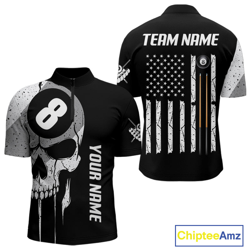 Personalized American flag 8 ball skull billiard quarter zip shirt for men, custom 8 ball pool team jersey and league apparel.
