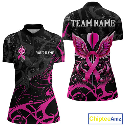 Pink Black Custom Breast Cancer Wings Dart Shirt For Women With Pocket Option TDM4491
