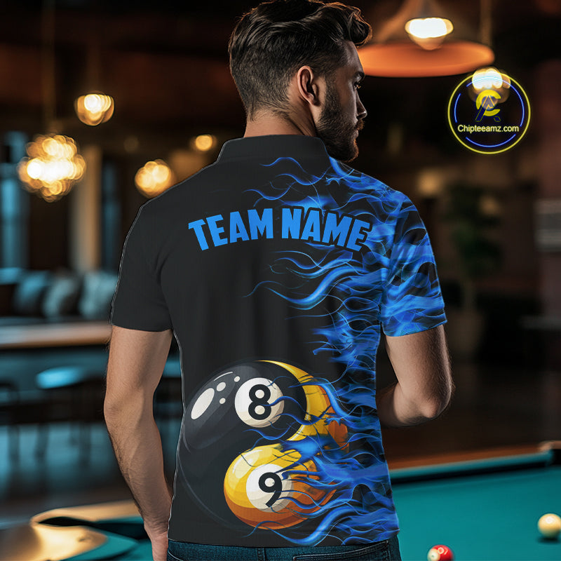Blue Flaming Funny Yin-Yang 8 Ball & 9 Ball Billiard Shirt For Men Custom Pool Team Jerseys TDM4711