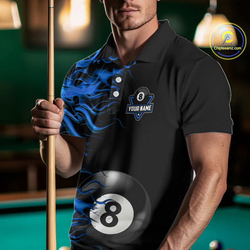 Personalized Blue Flaming 8 Ball Billiard Shirt For Men Custom Pool Team Jersey Polo & 1/4 Zip TDM4712