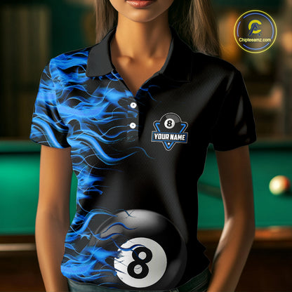 Personalized Blue Flaming 8 Ball Billiard Shirt For Women Custom Pool Team Jersey Polo & 1/4 Zip TDM4712