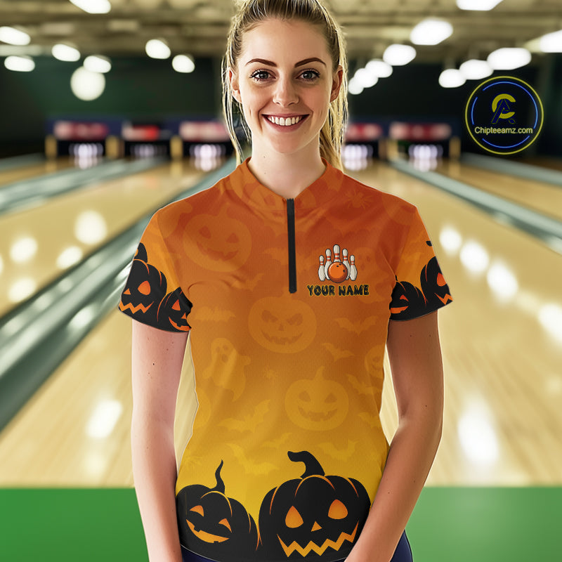 Personalized Orange Funny Bowling Halloween Shirt For Women Custom Bowling Team Jersey Outfit TDM4926