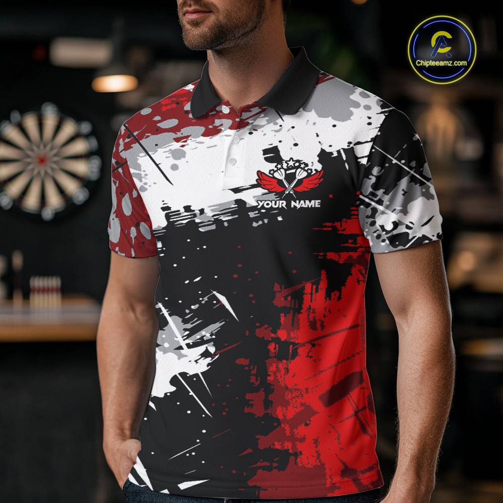 Red Grunge Paint Splash Dart Shirts For Men Custom Darts Jersey Team Polo & Quarter Zip TDM5352