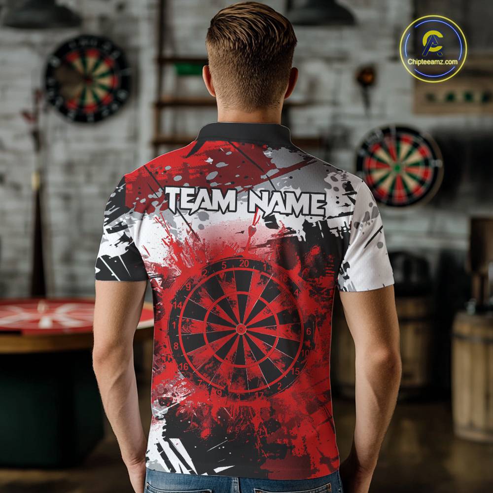 Red Grunge Paint Splash Dart Shirts For Men Custom Darts Jersey Team Polo & Quarter Zip TDM5352