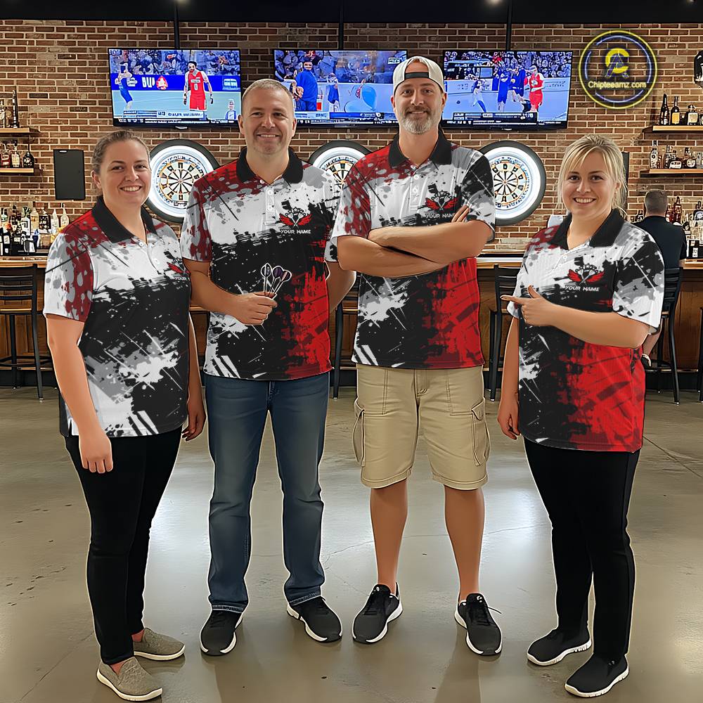 Red Grunge Paint Splash Dart Shirts For Men Custom Darts Jersey Team Polo & Quarter Zip TDM5352