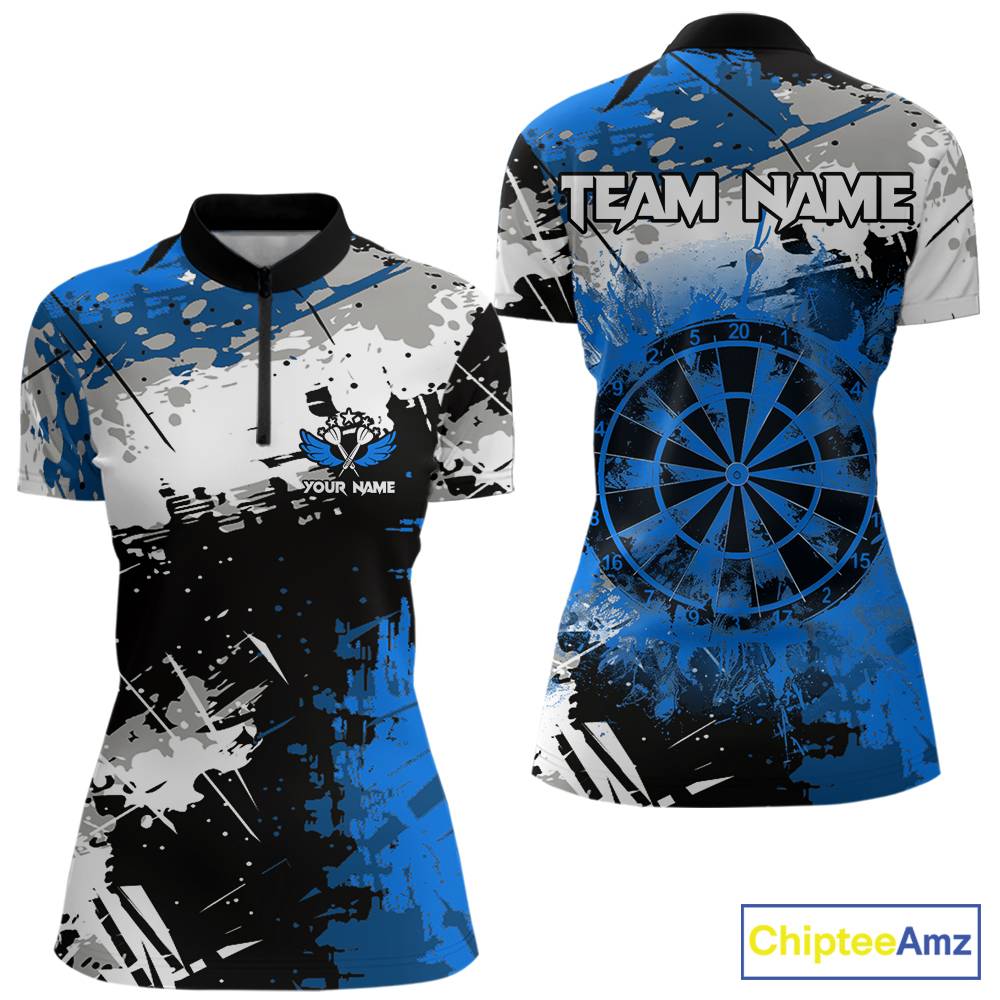Blue Grunge Paint Splash Dart Shirts For Women Custom Darts Jersey Team Polo & Quarter Zip TDM5354