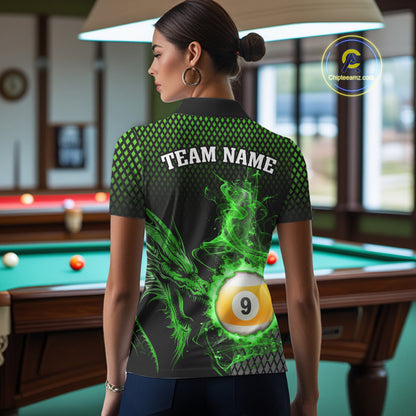 Green 8 Ball & 9 Ball Flame Smoke Custom Dragon Billiard Shirts For Women, Billiard Team Jersey TDM5631
