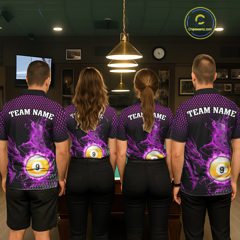 Purple 8 Ball & 9 Ball Flame Smoke Custom Dragon Billiard Shirts For Women, Billiard Team Jersey TDM5632