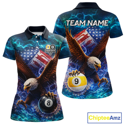 American Flag 8 & 9 Ball Eagle Lightning Billiard Shirt For Women Custom Patriotic Pool Team Jersey TDM5851