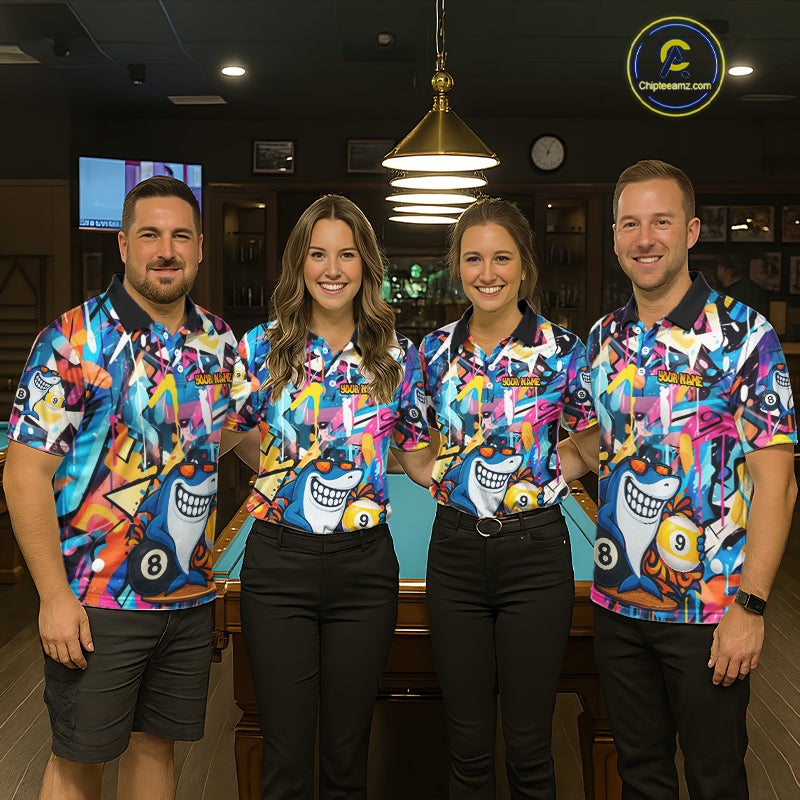 Funny Shark Colorful Graffiti Style Custom 8 & 9 Ball Billiard Shirt For Women, Billiard Team Jersey TDM5852