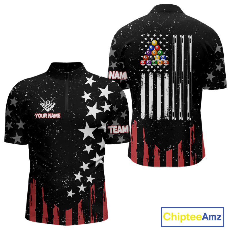 Black Grunge American Flag Billiard Shirt For Men Custom Patriotic Billiard Pool Jersey TDM3824