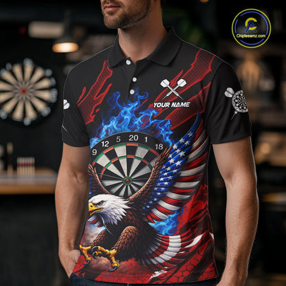 Blue Flaming Dartboard Shirt For Men Custom American Flag Eagle Darts Team Jersey Polo &1/4 Zip TDM6003