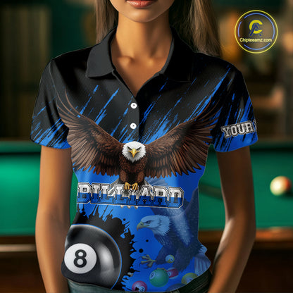 Personalized Eagle 8 Ball Pool Billiard Shirt For Women, Billiard Jerseys Team Polo & 1/4 Zip|Blue TDM3827