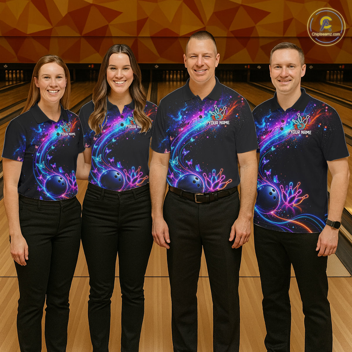 Personalized Galaxy Butterfly Bowling Shirt For Women Custom Bowling Jersey Team Polo & 1/4 Zip TDM6463
