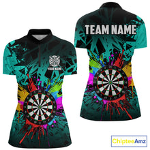 Load image into Gallery viewer, Turquoise funny dartboard quarter zip shirt for women built for darts tournaments and competitive play.