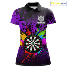 Load image into Gallery viewer, Purple funny dartboard darts shirt for women with colorful playful graphics and custom league style.