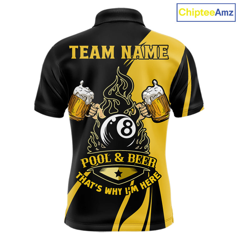 Funny yellow black pool shirt for men with 8 ball design and playful “that’s why I’m here” style.
